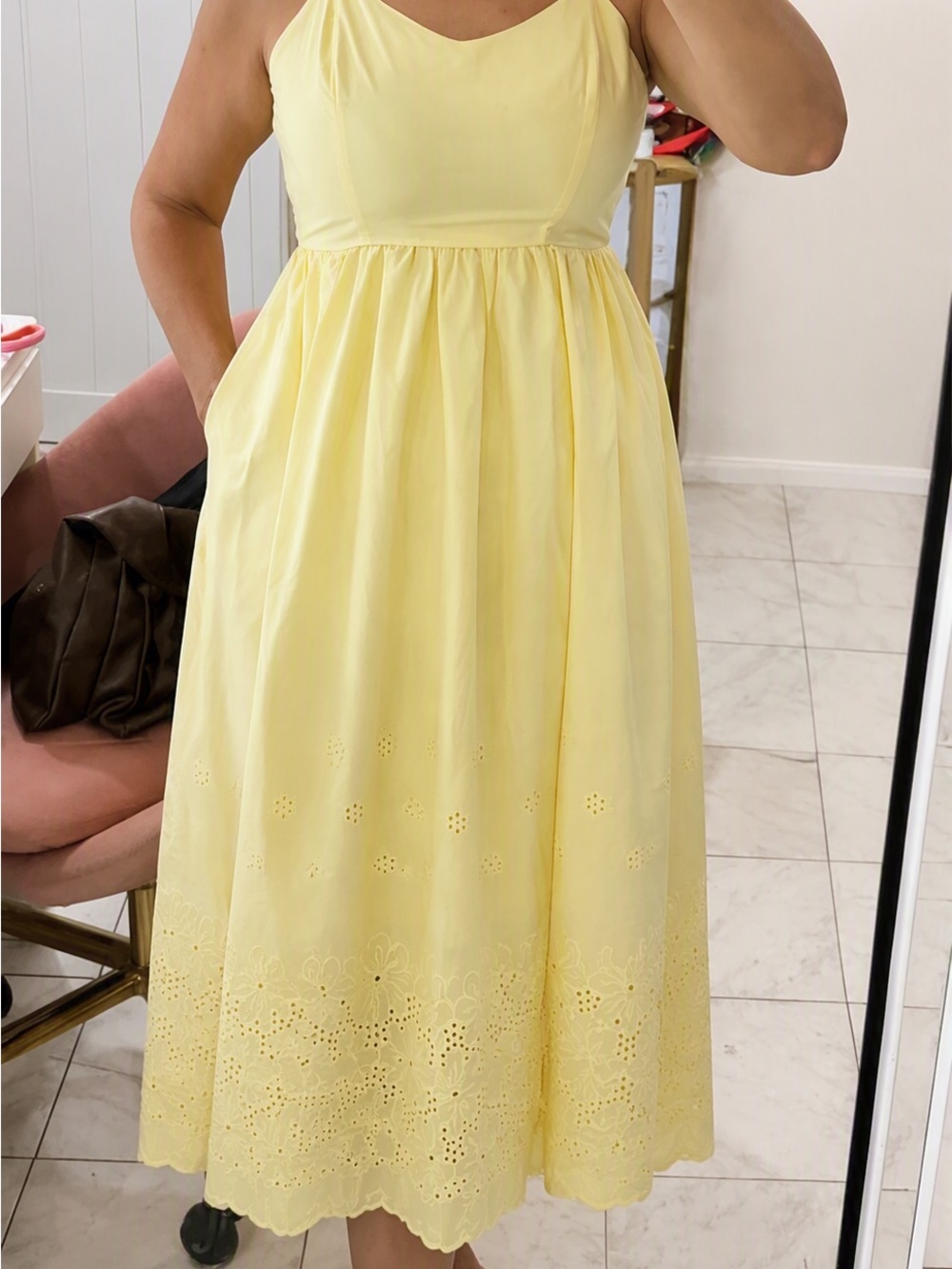 Yellow Eyelet Midi Dress - Sleeveless Sundress